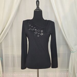 Elegant Black Long Sleeve Top with Asymmetrical Collar & Floral Embellishment S